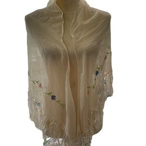Helen Welsh 100% Silk Scarf / Shawl Ivory Embroidered Flowers Fringed Wedding
